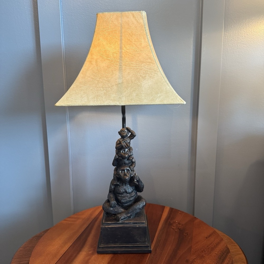 Vintage Monkey Stack Table Lamp Resin Safari Jungle Faux Leather Shade 21"